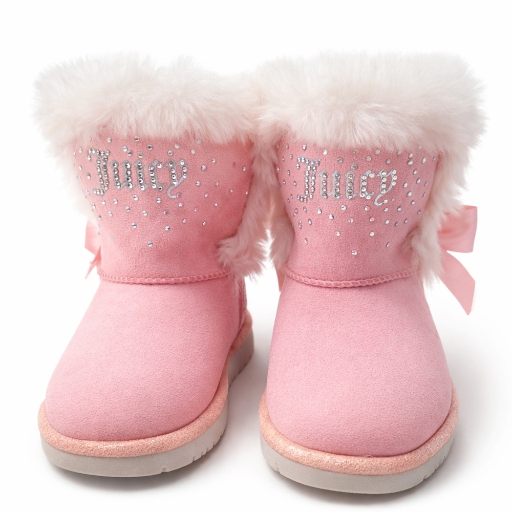 Juicy Couture Girls Sz 8 Warm Pink Faux Fur Rhinestone Bow Burbank Winter Boots
